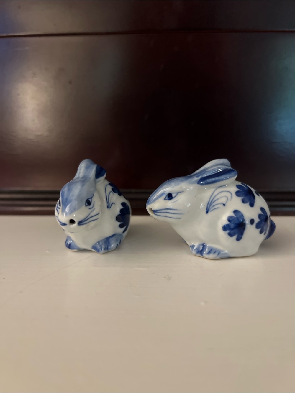 Blue and White Ceramic Bunny Figurines - Decorative Salt and Pepper Shakers